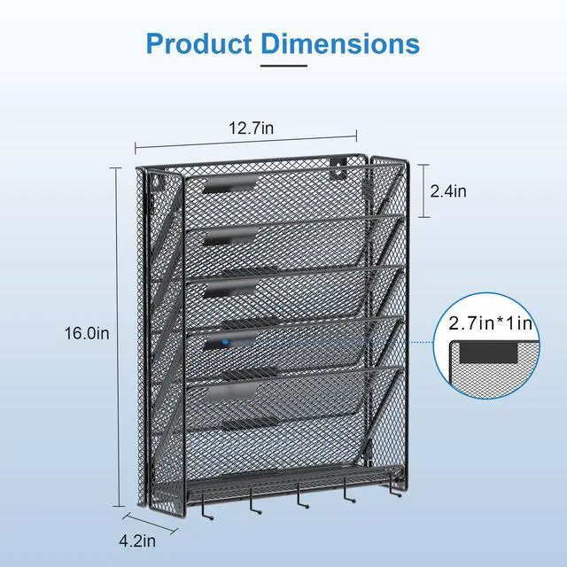 Alt view image 4 of 6 - Hanging Wall File Organizer with Hooks, 6 Tier Vertical Wall Mount File Holder, Paper Document Mail Organizer for Office