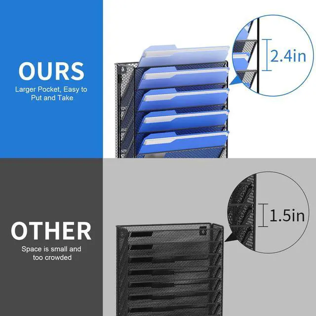 Alt view image 3 of 6 - Hanging Wall File Organizer with Hooks, 6 Tier Vertical Wall Mount File Holder, Paper Document Mail Organizer for Office