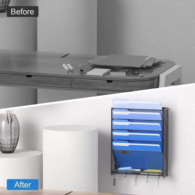Alt view image 5 of 6 - Hanging Wall File Organizer with Hooks, 6 Tier Vertical Wall Mount File Holder, Paper Document Mail Organizer for Office