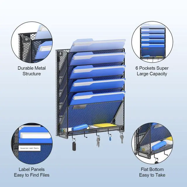 Alt view image 6 of 6 - Hanging Wall File Organizer with Hooks, 6 Tier Vertical Wall Mount File Holder, Paper Document Mail Organizer for Office