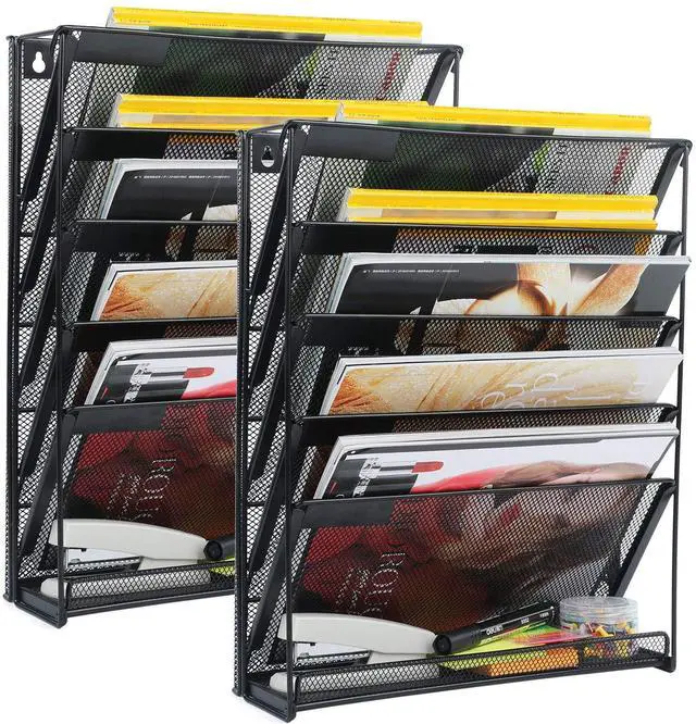 Main image of 2 Pack Wall File Organizer, 6-Tier Wall Mount Paper Holder Vertical File Rack for Office Home, Black.