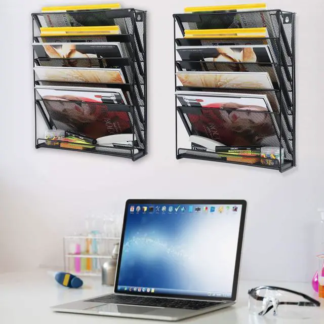 Alt view image 4 of 6 - 2 Pack Wall File Organizer, 6-Tier Wall Mount Paper Holder Vertical File Rack for Office Home, Black.
