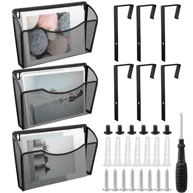 Alt view image 7 of 7 - 3 Pcs Mesh Letter Wall File Folder Cubicle File Holder Hanging Wall Mounted File Holder 3 Pocket Vertical File Organizer for Office Home Room Storage Basket(13.19 x 12.2 x 3.07 Inch,Black)