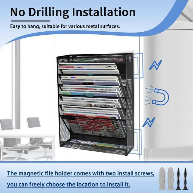 Alt view image 3 of 7 - 7-Tier Magnetic File Holder, No Drilling Wall File Organizer, Hanging File Organizer, Vertical Holder Rack for File Cabinets, Whiteboard, Refrigerator