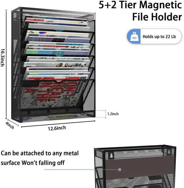 Alt view image 4 of 7 - 7-Tier Magnetic File Holder, No Drilling Wall File Organizer, Hanging File Organizer, Vertical Holder Rack for File Cabinets, Whiteboard, Refrigerator
