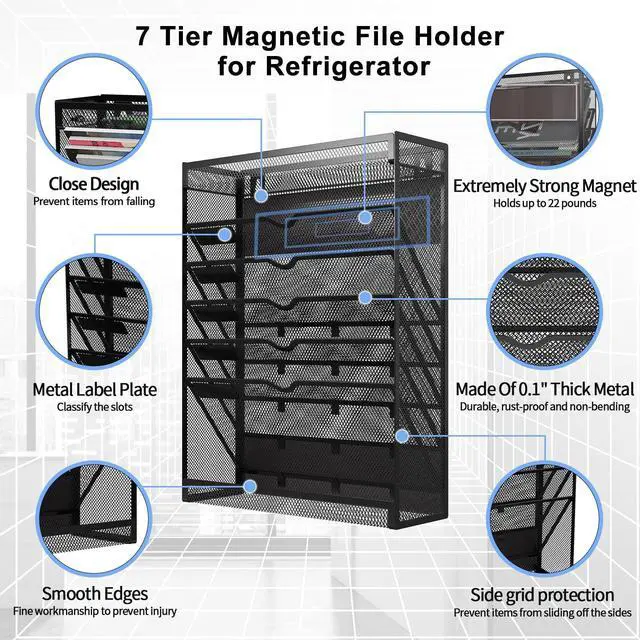 Alt view image 6 of 7 - 7-Tier Magnetic File Holder, No Drilling Wall File Organizer, Hanging File Organizer, Vertical Holder Rack for File Cabinets, Whiteboard, Refrigerator