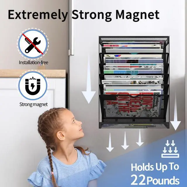 Alt view image 5 of 7 - 7-Tier Magnetic File Holder, No Drilling Wall File Organizer, Hanging File Organizer, Vertical Holder Rack for File Cabinets, Whiteboard, Refrigerator