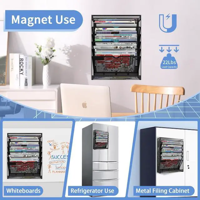 Alt view image 7 of 7 - 7-Tier Magnetic File Holder, No Drilling Wall File Organizer, Hanging File Organizer, Vertical Holder Rack for File Cabinets, Whiteboard, Refrigerator