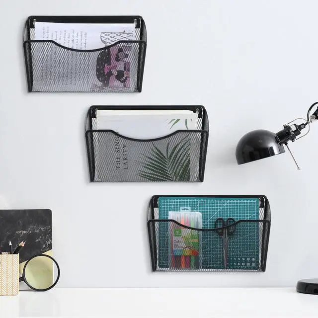 Alt view image 5 of 7 - 3 Pcs Mesh Letter Wall File Folder Cubicle File Holder Hanging Wall Mounted File Holder 3 Pocket Vertical File Organizer for Office Home Room Storage Basket(13.19 x 12.2 x 3.07 Inch,Black)
