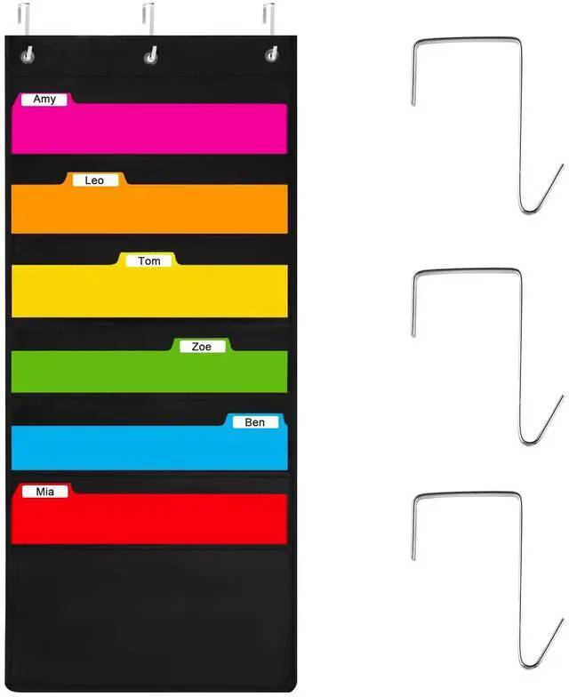Main image of 6-Pocket Hanging Wall File Organizer with 3 Hangers, Black Storage Pocket Chart for Door, Wall Folder Organizer, Perfect for Home, Office, Classroom