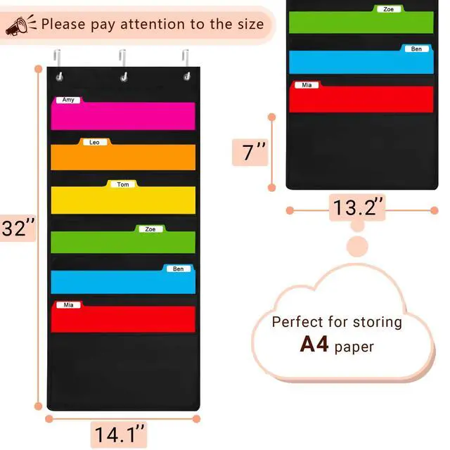Alt view image 2 of 7 - 6-Pocket Hanging Wall File Organizer with 3 Hangers, Black Storage Pocket Chart for Door, Wall Folder Organizer, Perfect for Home, Office, Classroom