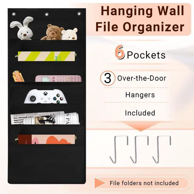 Alt view image 3 of 7 - 6-Pocket Hanging Wall File Organizer with 3 Hangers, Black Storage Pocket Chart for Door, Wall Folder Organizer, Perfect for Home, Office, Classroom