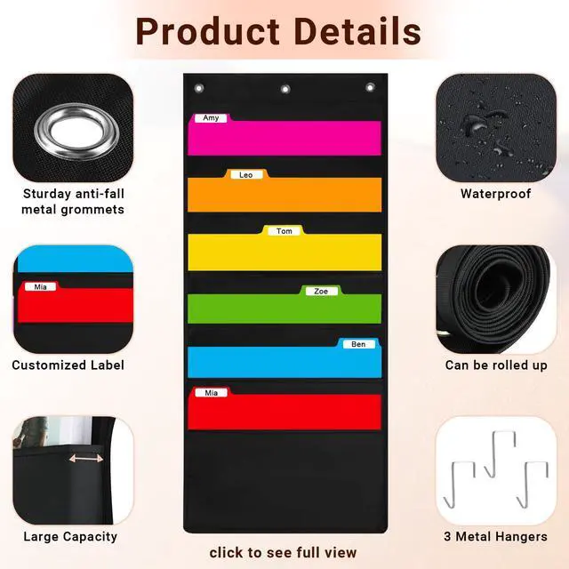 Alt view image 4 of 7 - 6-Pocket Hanging Wall File Organizer with 3 Hangers, Black Storage Pocket Chart for Door, Wall Folder Organizer, Perfect for Home, Office, Classroom