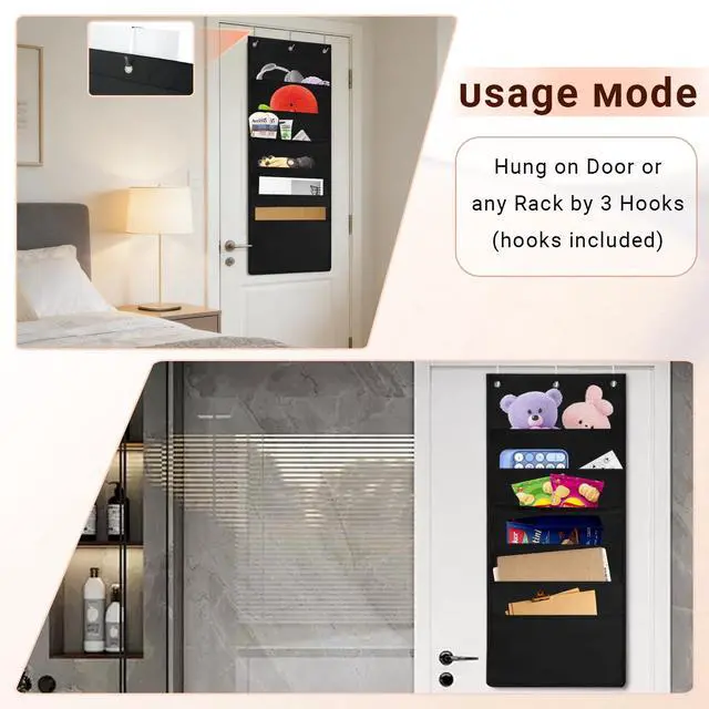 Alt view image 5 of 7 - 6-Pocket Hanging Wall File Organizer with 3 Hangers, Black Storage Pocket Chart for Door, Wall Folder Organizer, Perfect for Home, Office, Classroom