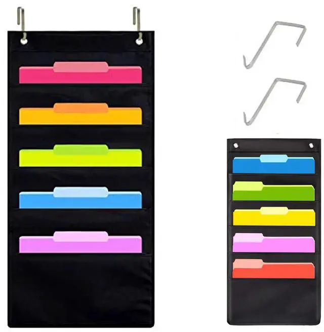 Main image of Hanging Wall File Organizer, 5 Pocket, Black Wall Storage Pocket Charts with 2 Hangers, Oxford Cloth Storage Pocket, Over The Door File Organizer, Great for Classroom, Home or Office Use (5 Pocket)