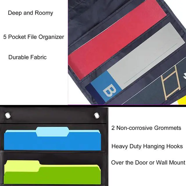 Alt view image 5 of 6 - Hanging Wall File Organizer, 5 Pocket, Black Wall Storage Pocket Charts with 2 Hangers, Oxford Cloth Storage Pocket, Over The Door File Organizer, Great for Classroom, Home or Office Use (5 Pocket)
