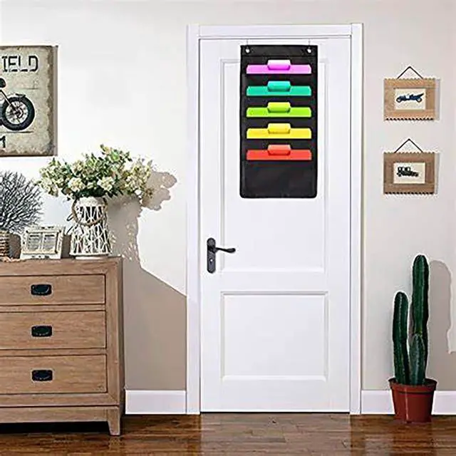 Alt view image 4 of 6 - Hanging Wall File Organizer, 5 Pocket, Black Wall Storage Pocket Charts with 2 Hangers, Oxford Cloth Storage Pocket, Over The Door File Organizer, Great for Classroom, Home or Office Use (5 Pocket)