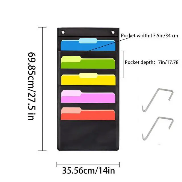 Alt view image 3 of 6 - Hanging Wall File Organizer, 5 Pocket, Black Wall Storage Pocket Charts with 2 Hangers, Oxford Cloth Storage Pocket, Over The Door File Organizer, Great for Classroom, Home or Office Use (5 Pocket)