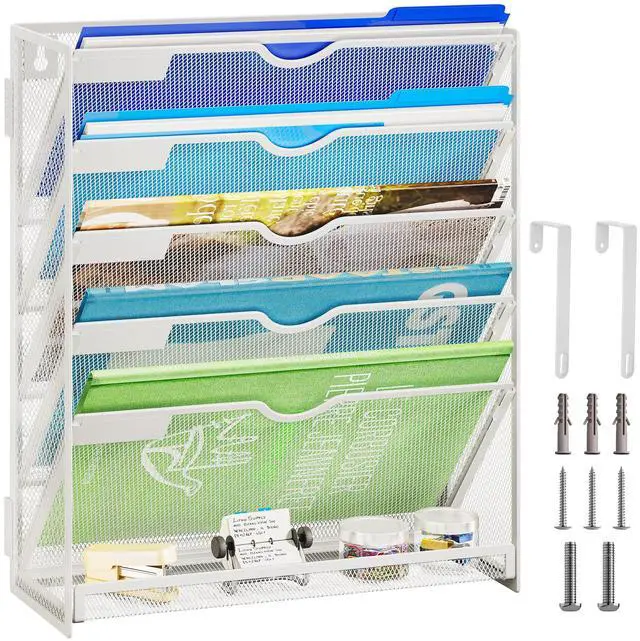 Main image of 6-Tier Hanging File Organizer, Wall Mount File Holder for Mails Folders Papers Magazine Organization, Vertical Document Organizer for Office Home - (White)