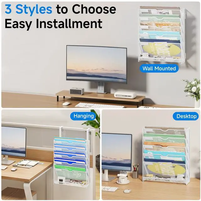 Alt view image 4 of 7 - 6-Tier Hanging File Organizer, Wall Mount File Holder for Mails Folders Papers Magazine Organization, Vertical Document Organizer for Office Home - (White)
