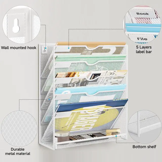 Alt view image 5 of 7 - 6-Tier Hanging File Organizer, Wall Mount File Holder for Mails Folders Papers Magazine Organization, Vertical Document Organizer for Office Home - (White)