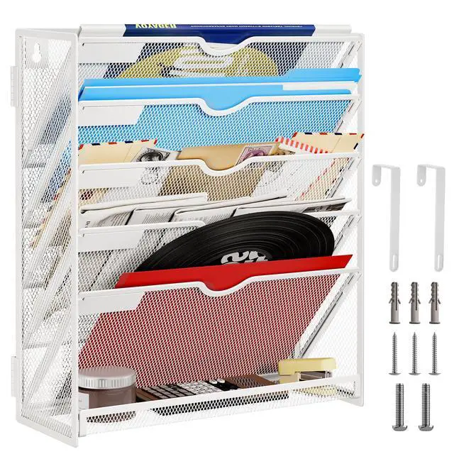 Alt view image 7 of 7 - 6-Tier Hanging File Organizer, Wall Mount File Holder for Mails Folders Papers Magazine Organization, Vertical Document Organizer for Office Home - (White)