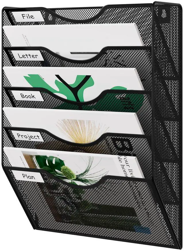 Main image of Wall File Organizer 5 Tier Hanging Paper Folder Holder, Zero Assembly Metal Mesh Wall Mounted Mail Organizer for Office Home Classroom Narrow Spaces, Black