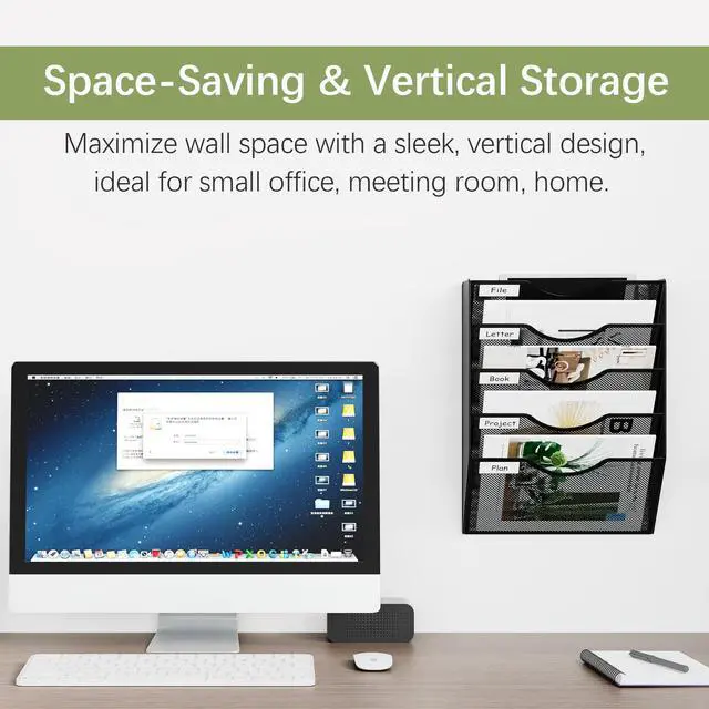 Alt view image 2 of 7 - Wall File Organizer 5 Tier Hanging Paper Folder Holder, Zero Assembly Metal Mesh Wall Mounted Mail Organizer for Office Home Classroom Narrow Spaces, Black