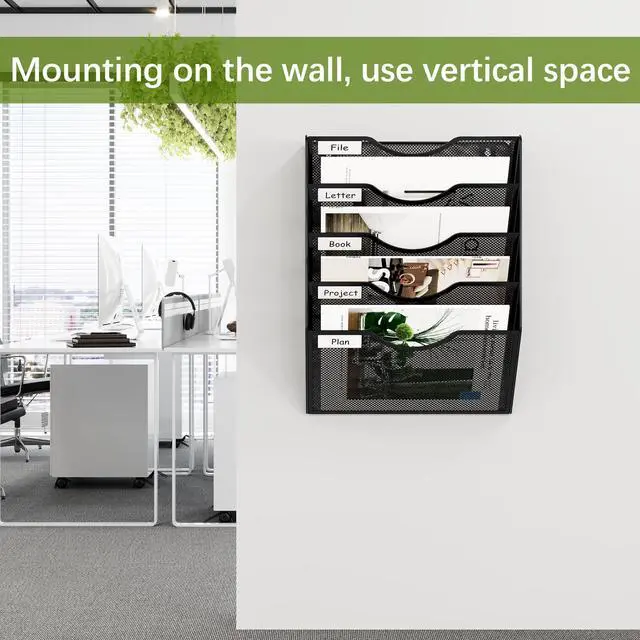 Alt view image 6 of 7 - Wall File Organizer 5 Tier Hanging Paper Folder Holder, Zero Assembly Metal Mesh Wall Mounted Mail Organizer for Office Home Classroom Narrow Spaces, Black