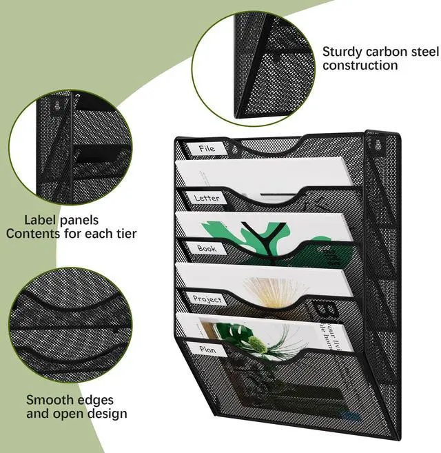 Alt view image 3 of 7 - Wall File Organizer 5 Tier Hanging Paper Folder Holder, Zero Assembly Metal Mesh Wall Mounted Mail Organizer for Office Home Classroom Narrow Spaces, Black