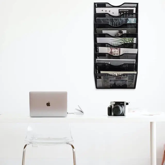 Alt view image 5 of 6 - 8 Pocket Mesh Hanging Wall File Organizer, Wall Mounted Mail Paper Document Folder Holder, Clipboard Storage Organization Magazine Rack with Nametag Label for Office Home School, Black