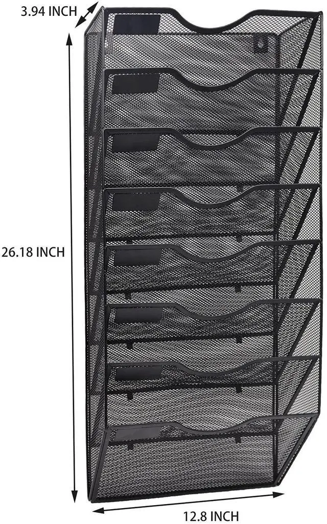 Alt view image 2 of 6 - 8 Pocket Mesh Hanging Wall File Organizer, Wall Mounted Mail Paper Document Folder Holder, Clipboard Storage Organization Magazine Rack with Nametag Label for Office Home School, Black