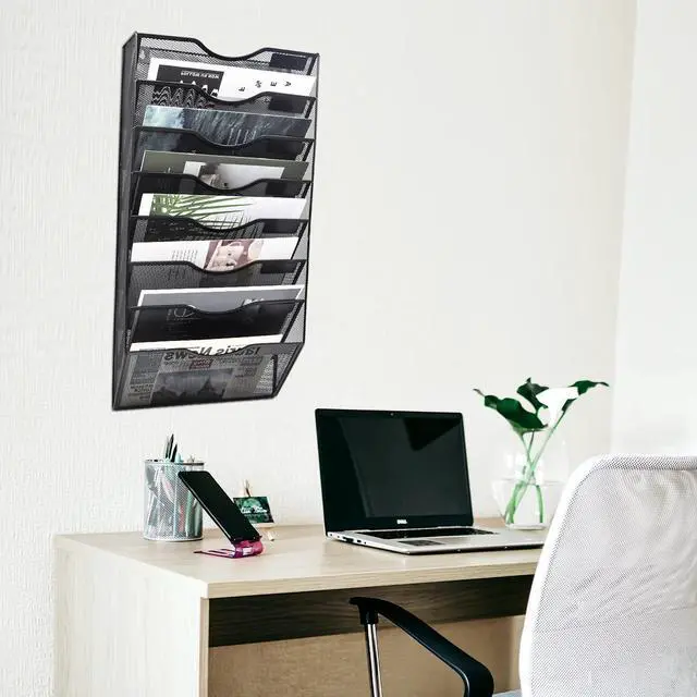 Alt view image 4 of 6 - 8 Pocket Mesh Hanging Wall File Organizer, Wall Mounted Mail Paper Document Folder Holder, Clipboard Storage Organization Magazine Rack with Nametag Label for Office Home School, Black