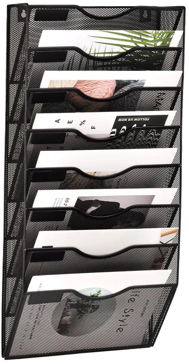 Main image of 8 Pocket Mesh Hanging Wall File Organizer, Wall Mounted Mail Paper Document Folder Holder, Clipboard Storage Organization Magazine Rack with Nametag Label for Office Home School, Black