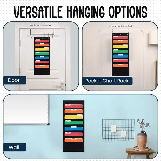 Alt view image 6 of 6 - 7 Pocket File Pocket Chart, Black, Tall - Versatile Wall Hanging File Folder Organizer for Classroom, Office, Home, and More - Wall Folder Organizer - 7 Pockets