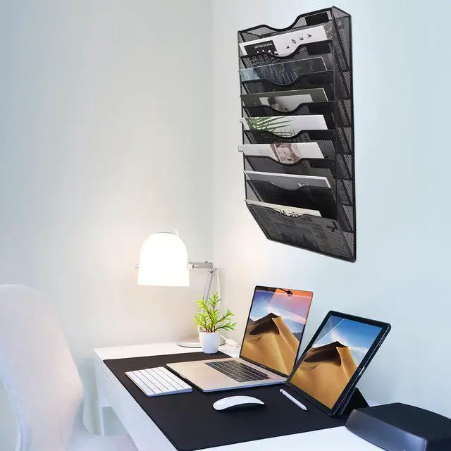 Alt view image 6 of 6 - 8 Pocket Mesh Hanging Wall File Organizer, Wall Mounted Mail Paper Document Folder Holder, Clipboard Storage Organization Magazine Rack with Nametag Label for Office Home School, Black