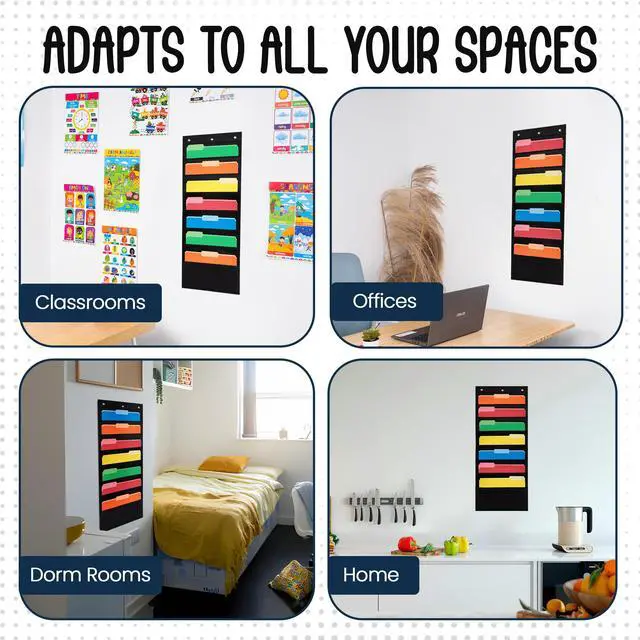 Alt view image 5 of 6 - 7 Pocket File Pocket Chart, Black, Tall - Versatile Wall Hanging File Folder Organizer for Classroom, Office, Home, and More - Wall Folder Organizer - 7 Pockets