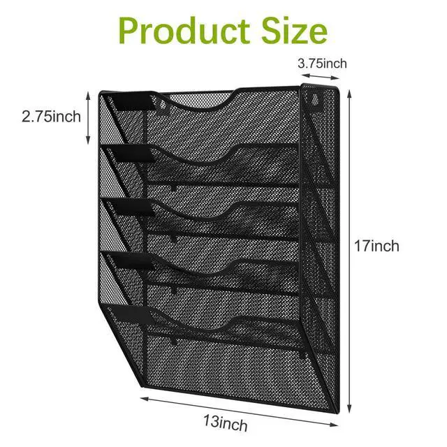 Alt view image 4 of 7 - Wall File Organizer 5 Tier Hanging Paper Folder Holder, Zero Assembly Metal Mesh Wall Mounted Mail Organizer for Office Home Classroom Narrow Spaces, Black