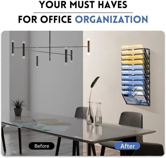 Alt view image 6 of 6 - 10 Tier Wall File Organizer, Hanging File Organizer for Papers Folders Clipboard Magazine, Mail Organizer Wall Mounted for Office Home School Classroom, Assembly Needed, Black