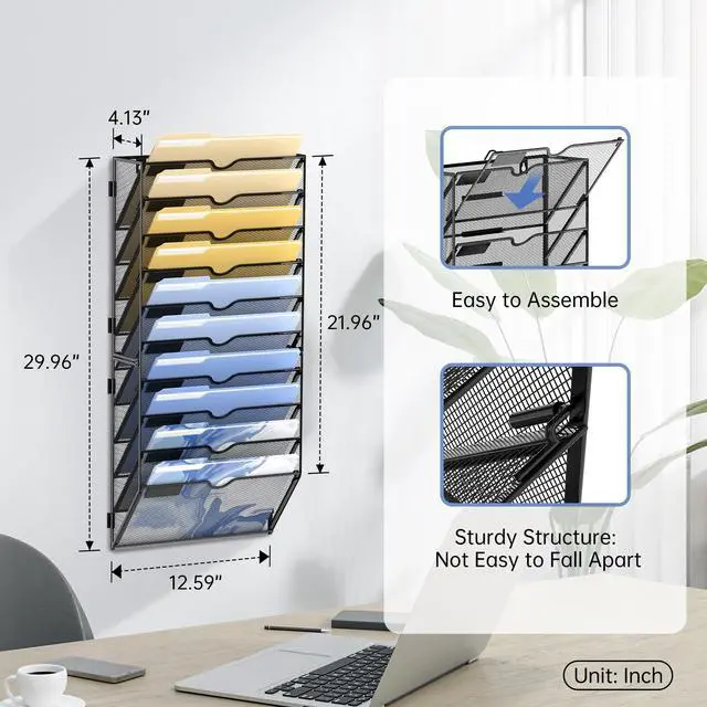 Alt view image 4 of 6 - 10 Tier Wall File Organizer, Hanging File Organizer for Papers Folders Clipboard Magazine, Mail Organizer Wall Mounted for Office Home School Classroom, Assembly Needed, Black