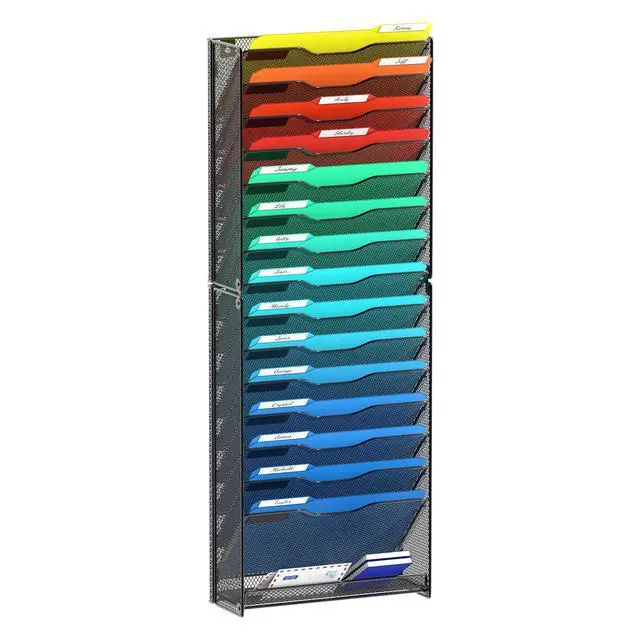 Main image of 16 Tier Wall File Organizer Hanging Wall File Holder Wall Mount Paper Folder Organizer, Magazine Rack, Mesh Made,Black
