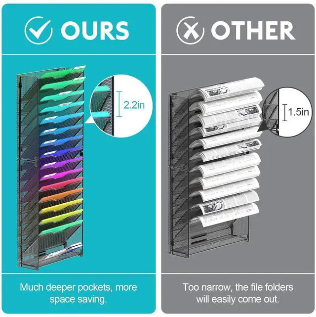 Alt view image 2 of 6 - 16 Tier Wall File Organizer Hanging Wall File Holder Wall Mount Paper Folder Organizer, Magazine Rack, Mesh Made,Black