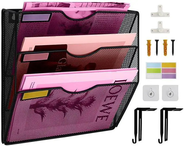 Main image of 3 Pockets Mesh Wall File Holder Organizer Office Hanging File Folder Magazine Rack, Nametag Label Hooks Set Included (Black)