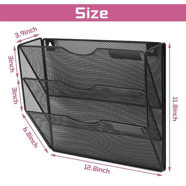 Alt view image 2 of 7 - 3 Pockets Mesh Wall File Holder Organizer Office Hanging File Folder Magazine Rack, Nametag Label Hooks Set Included (Black)