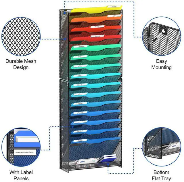 Alt view image 4 of 6 - 16 Tier Wall File Organizer Hanging Wall File Holder Wall Mount Paper Folder Organizer, Magazine Rack, Mesh Made,Black