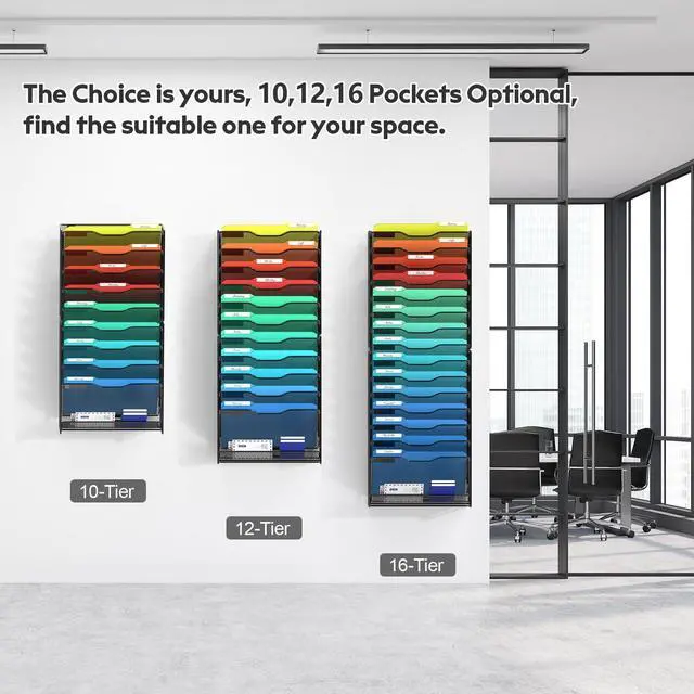 Alt view image 6 of 6 - 16 Tier Wall File Organizer Hanging Wall File Holder Wall Mount Paper Folder Organizer, Magazine Rack, Mesh Made,Black
