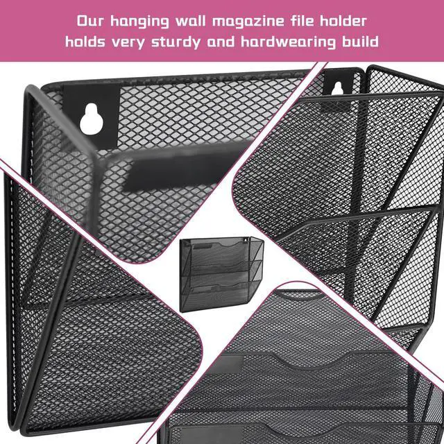 Alt view image 3 of 7 - 3 Pockets Mesh Wall File Holder Organizer Office Hanging File Folder Magazine Rack, Nametag Label Hooks Set Included (Black)