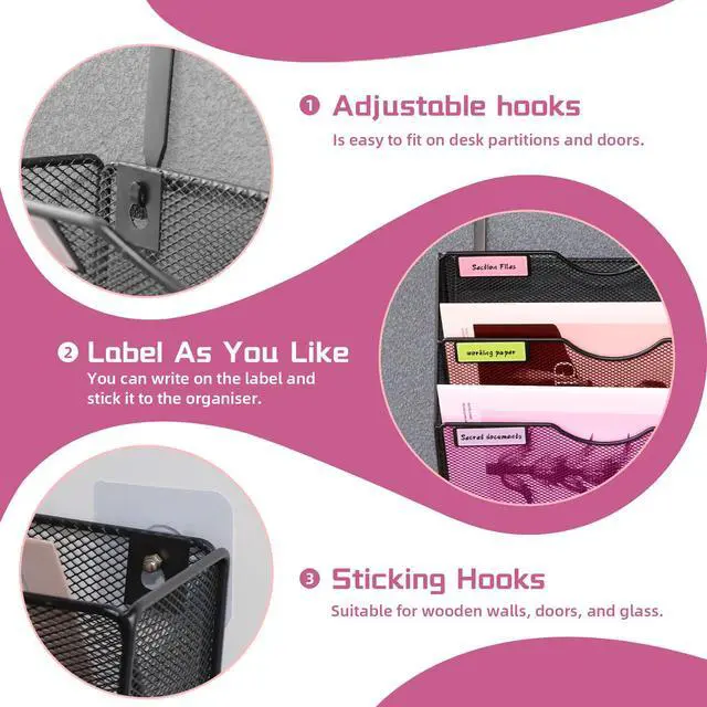 Alt view image 5 of 7 - 3 Pockets Mesh Wall File Holder Organizer Office Hanging File Folder Magazine Rack, Nametag Label Hooks Set Included (Black)