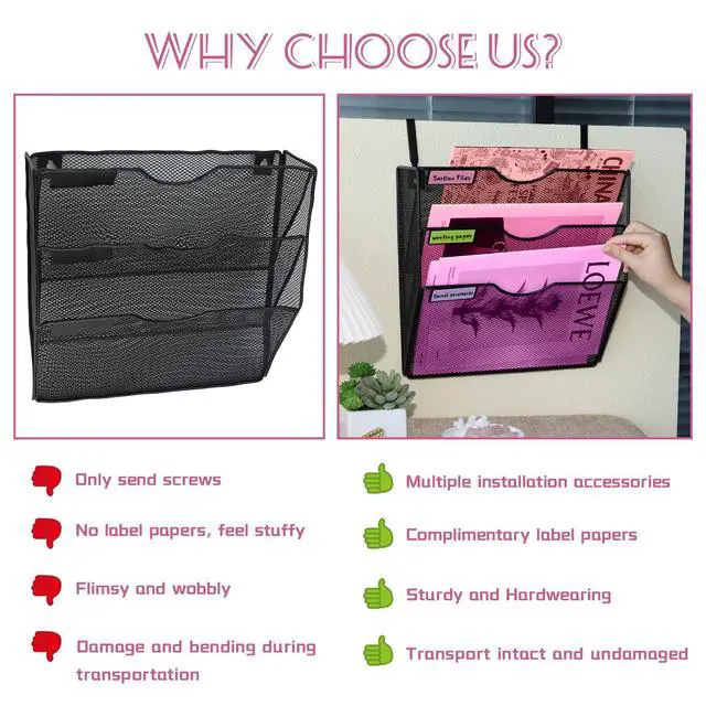 Alt view image 4 of 7 - 3 Pockets Mesh Wall File Holder Organizer Office Hanging File Folder Magazine Rack, Nametag Label Hooks Set Included (Black)