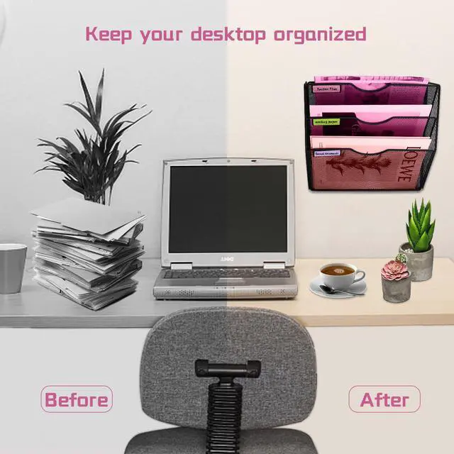 Alt view image 6 of 7 - 3 Pockets Mesh Wall File Holder Organizer Office Hanging File Folder Magazine Rack, Nametag Label Hooks Set Included (Black)